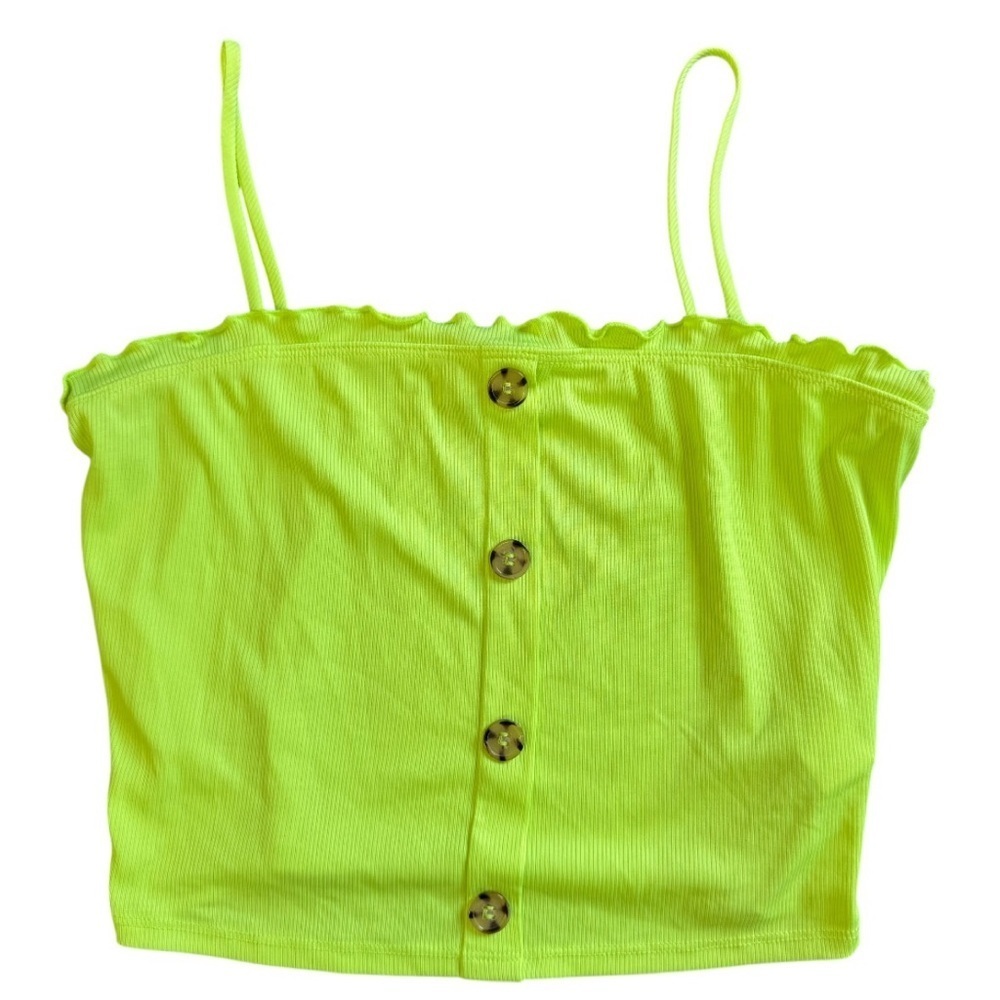 Love J Neon Green Button-Down Ribbed Crop Tank Large